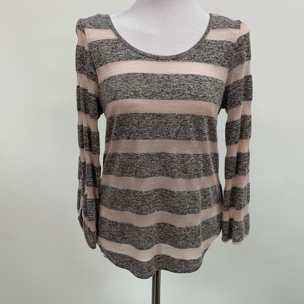 Almost Famous Juniors Women's Top Large Pink Gray Sheer Back Striped‎